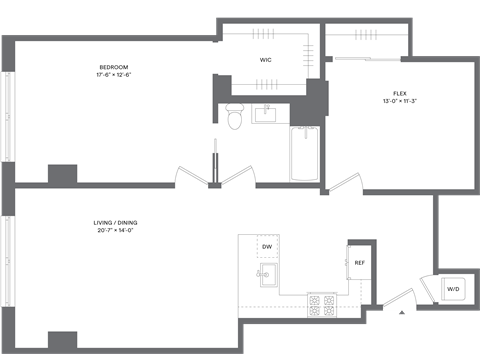 Floor plan for 1 bed, 1 bath, 1086 sqft